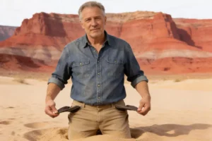 Man in desert emptying his pockets.